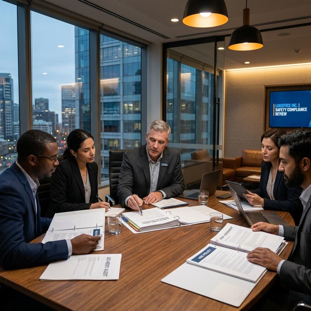 Compliance advisors reviewing NHVR documentation in a boardroom