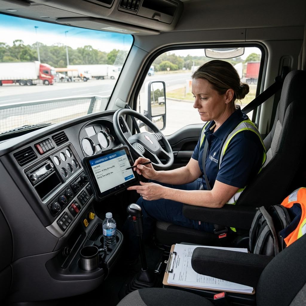 Heavy vehicle driver filling out compliance work diary in cab