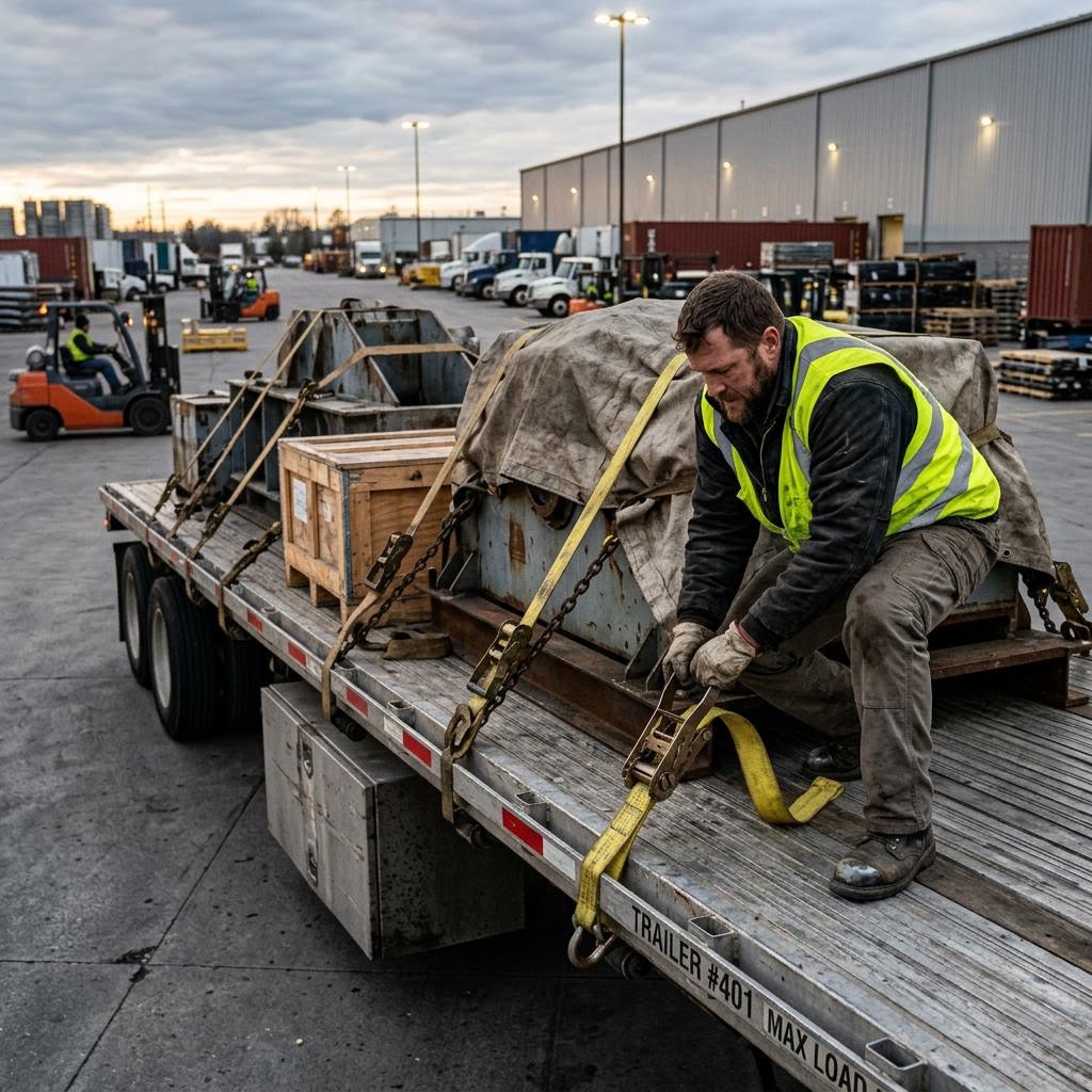 Trainer demonstrating load restraint techniques on a flatbed truck